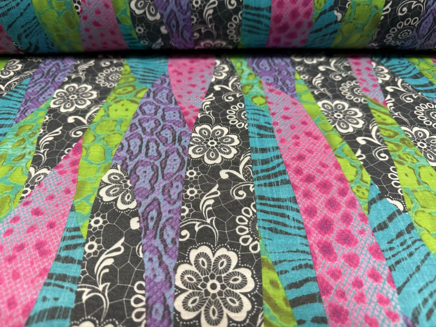 Soft handle single jersey fabric, per metre - lace & animal print fusion - pink green & blue