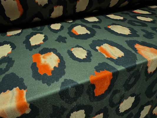 Stretch spandex interlock jersey fabric, per metre - jumbo animal print - olive green beige & orange