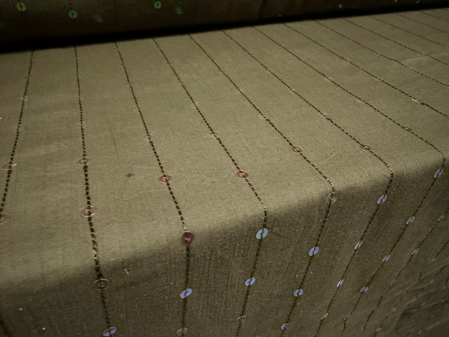 Lightweight cotton woven dress fabric, per metre - embroidered pinstripe with sequins - khaki