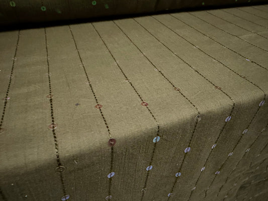 Lightweight cotton woven dress fabric, per metre - embroidered pinstripe with sequins - khaki