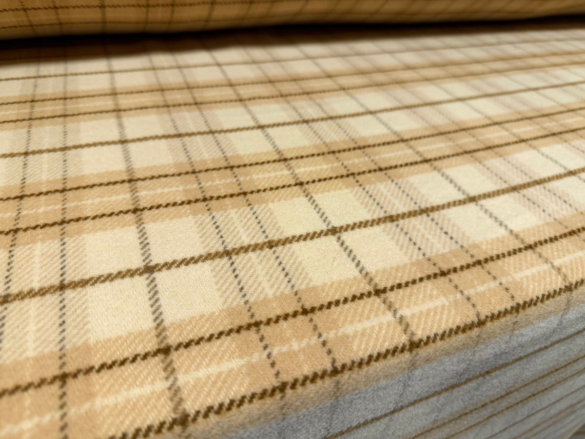 Wool flannel fabric, per metre - tartan plaid - clotted cream & beige