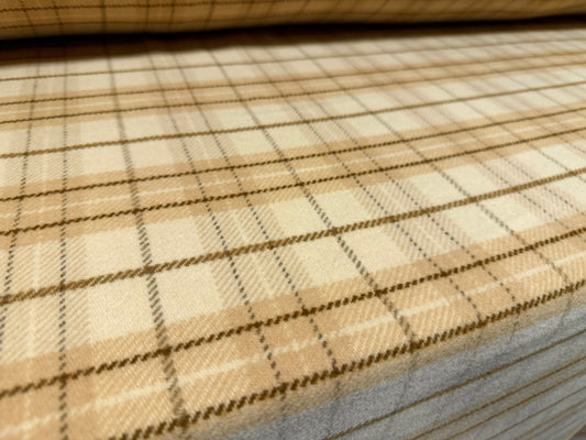 Wool flannel fabric, per metre - tartan plaid - clotted cream & beige