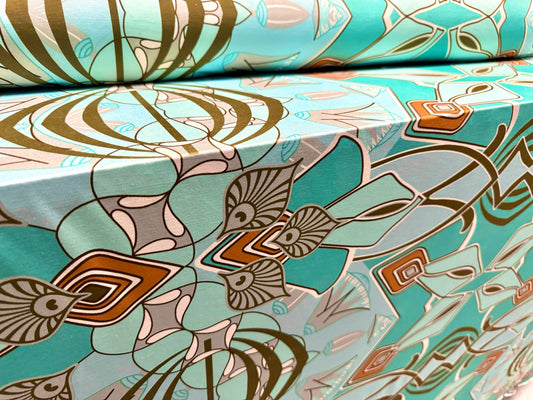 Soft touch stretch spandex single jersey fabric, per metre - retro 60s abstract print - turquoise