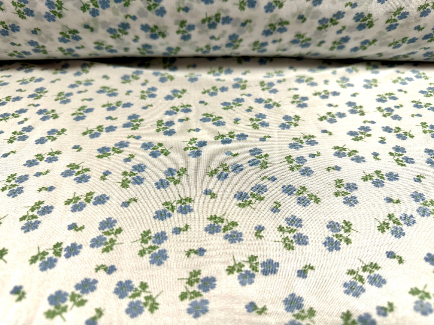 Angelique lightweight sateen jersey fabric, per metre - ditsy floral print - white with blue & green flowers