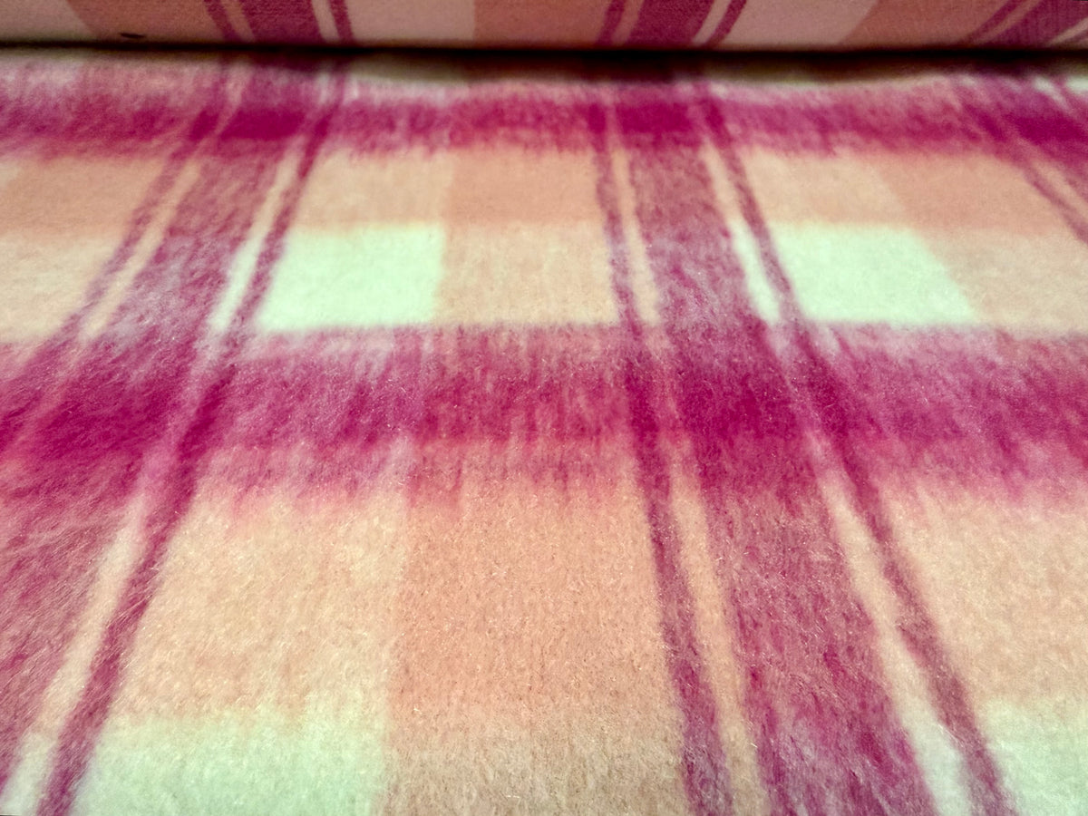 Wool faux fur fabric, per metre - plaid check - pink & magenta