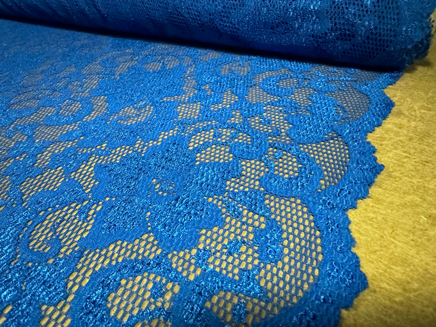 Stretch spandex lace dress fabric with scalloped selvedge, per metre - floral - cobalt blue