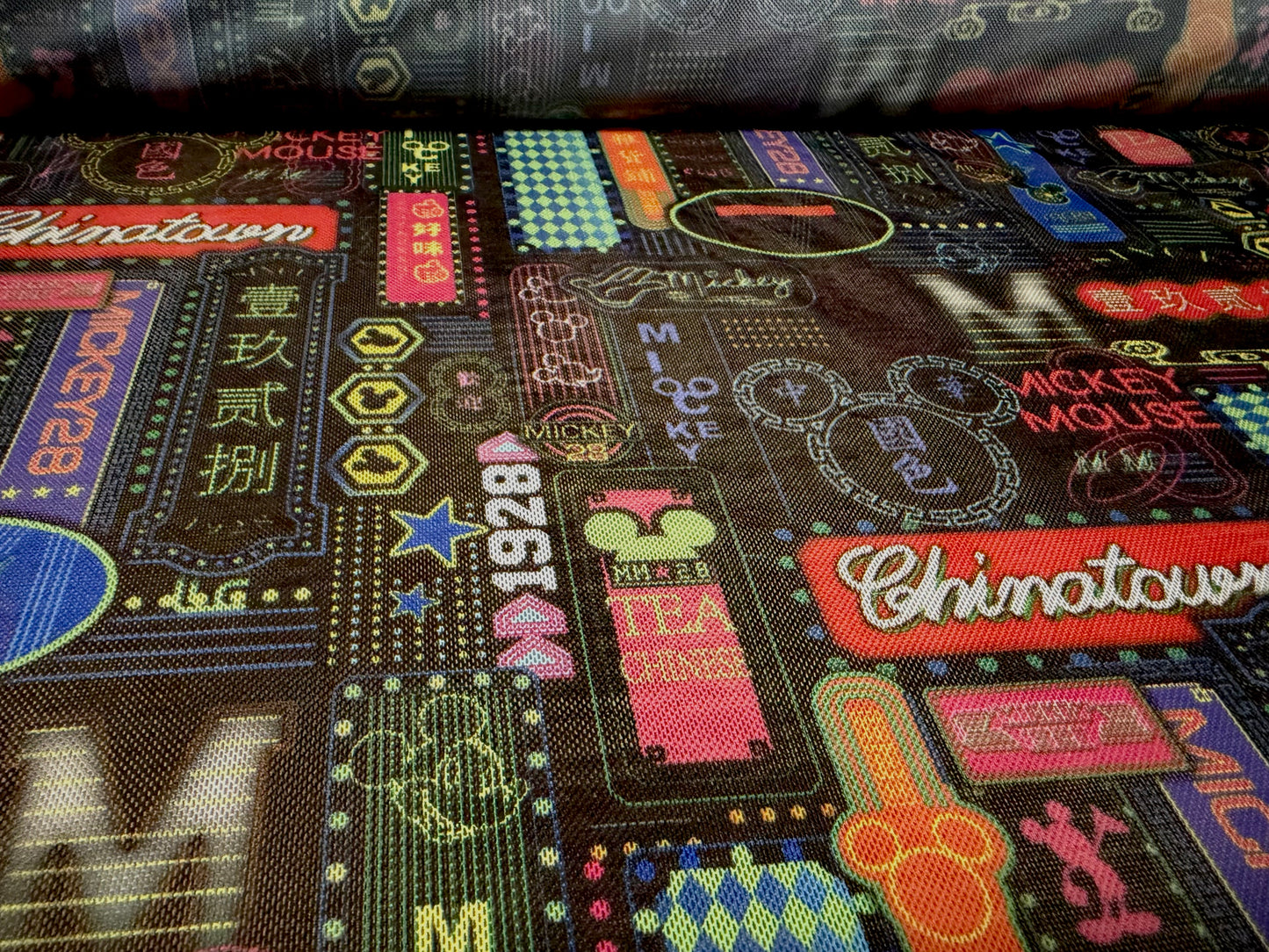 Power mesh net stretch spandex fabric, per metre - Chinatown city lights print
