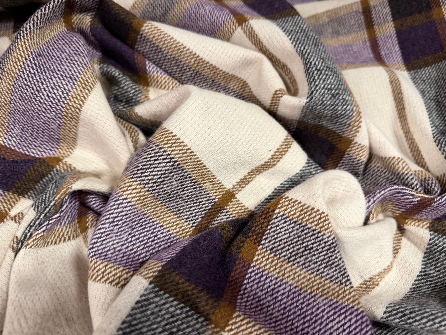 Heavyweight wool coat jacket fabric, per metre - yarn dyed plaid - cream purple & brown