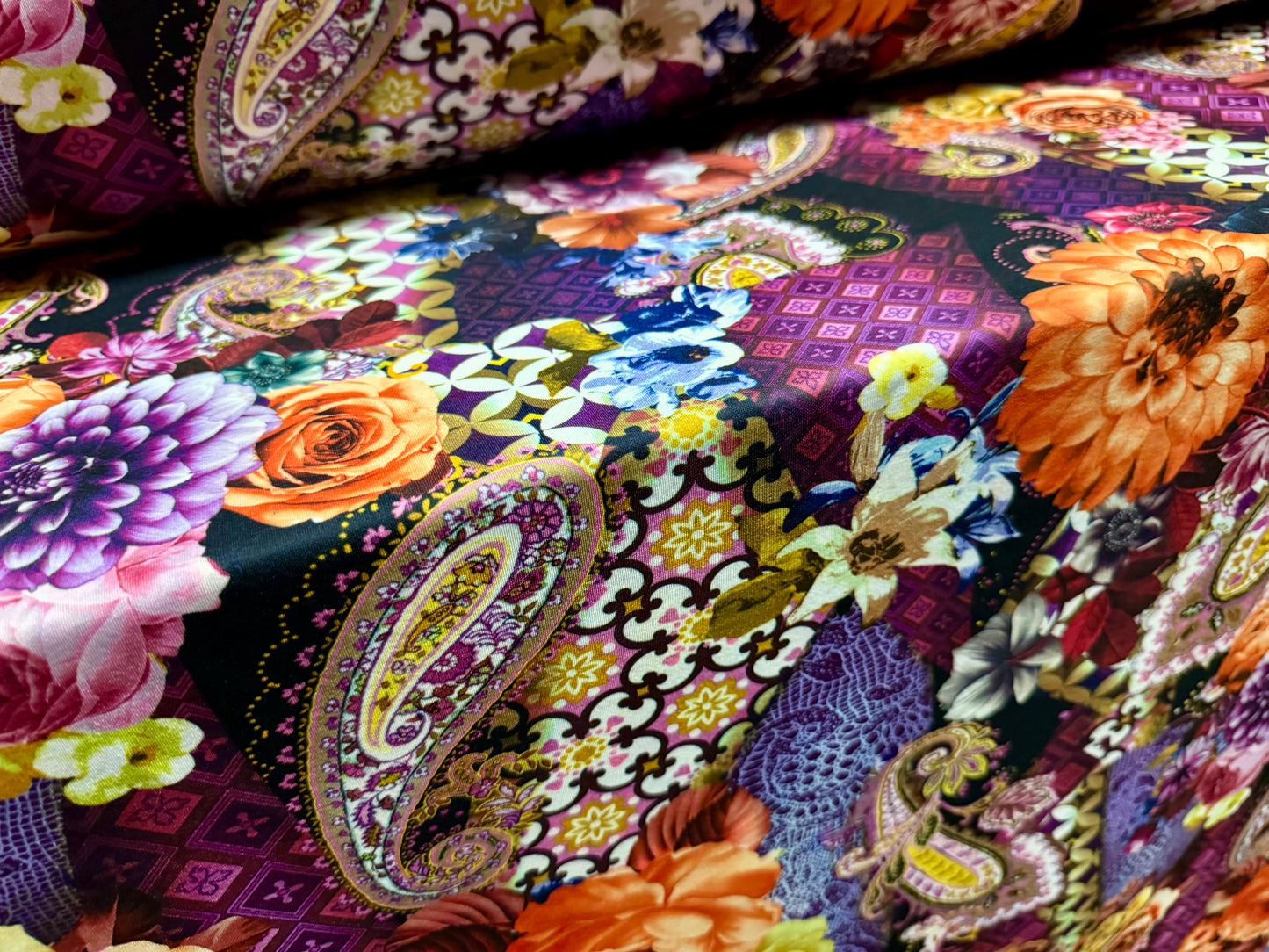 Scuba stretch spandex double jersey dress fabric, per metre - paisley & roses print - purple & orange