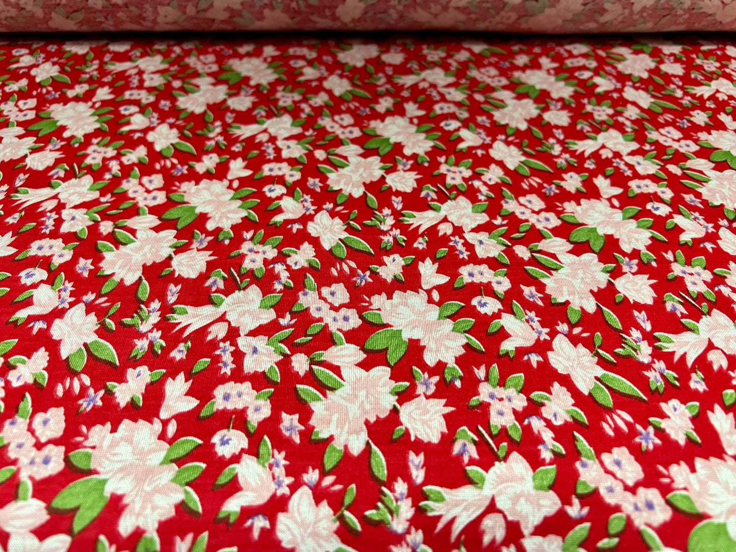 Cotton single jersey fabric, per metre - floral print - red pink & green