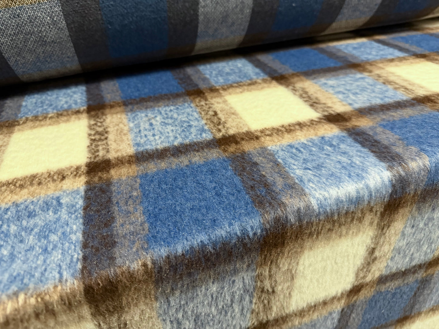 Wool faux fur fabric, per metre - plaid - denim blue cream & brown