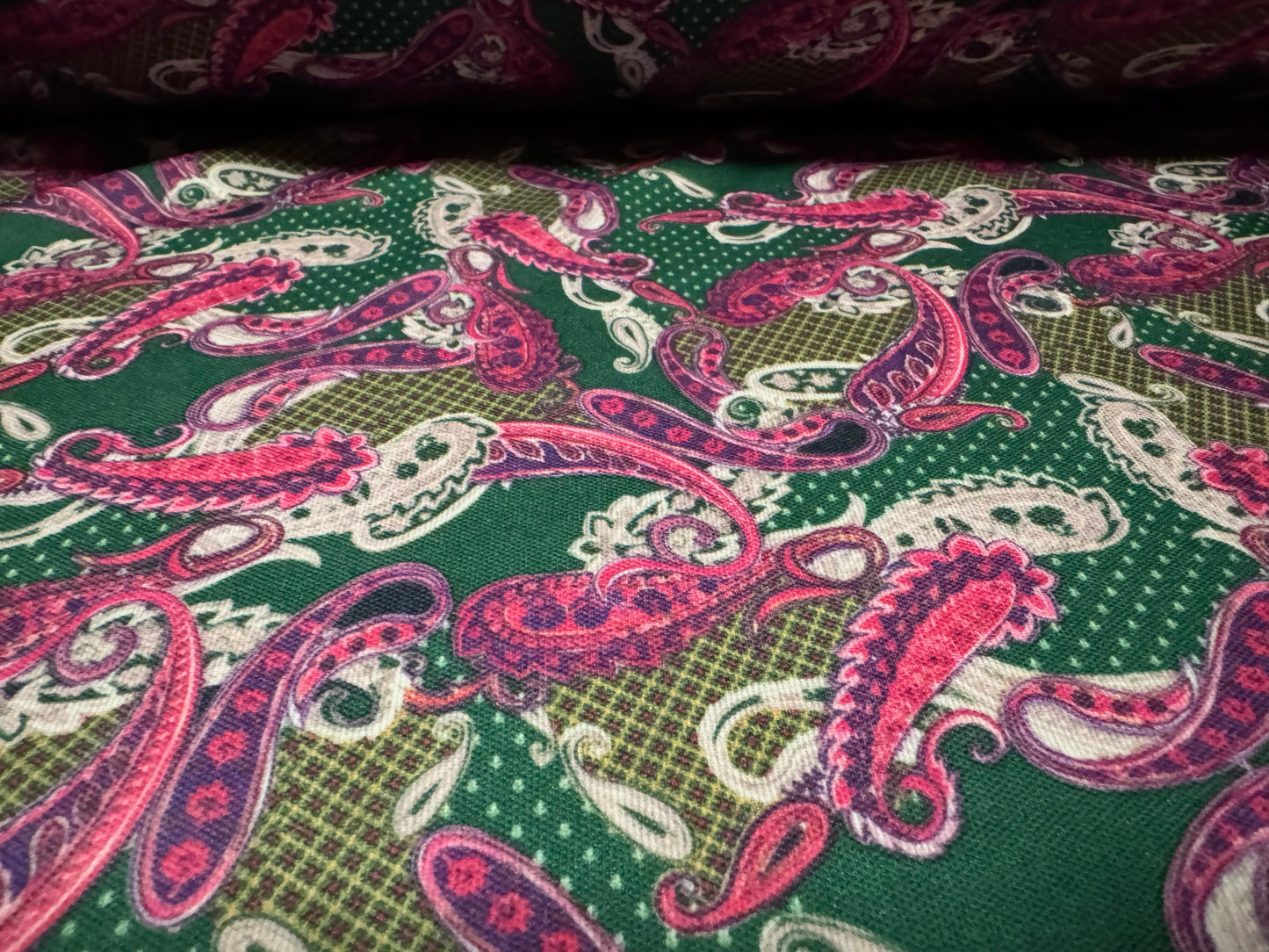 Piqué double jersey fabric, per metre - paisley print - magenta & emerald