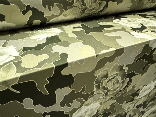 Soft touch stretch spandex single jersey fabric, per metre - camouflage rose print - khaki & sage green