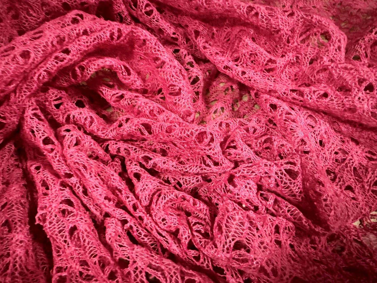 Crochet knit lace dress fabric, per metre - cerise pink