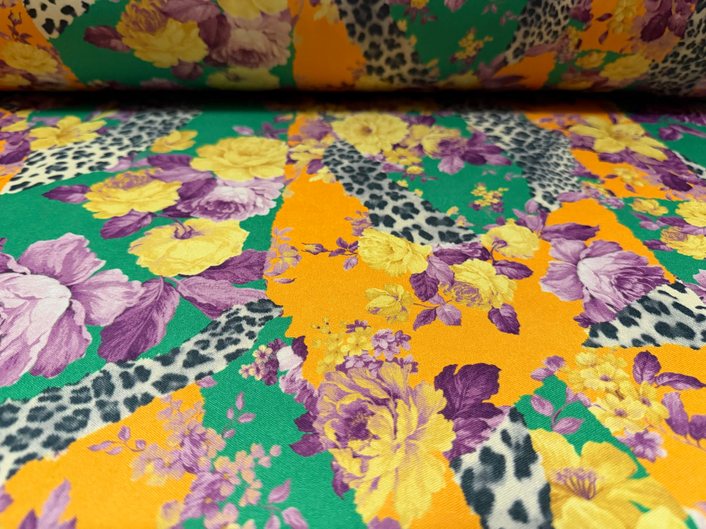 Single jersey fashion fabric, per metre - flowers & animal print - green orange & purple