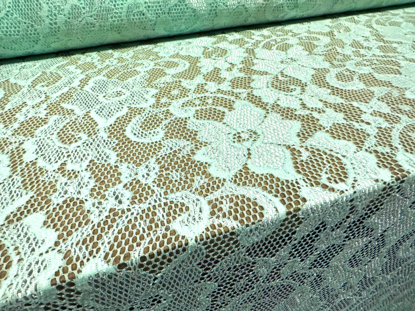 Stretch spandex lace dress fabric with scalloped selvedge, per metre - floral - aqua