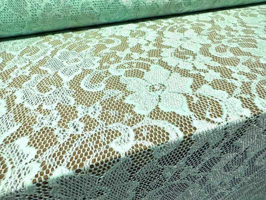 Stretch spandex lace dress fabric with scalloped selvedge, per metre - floral - aqua