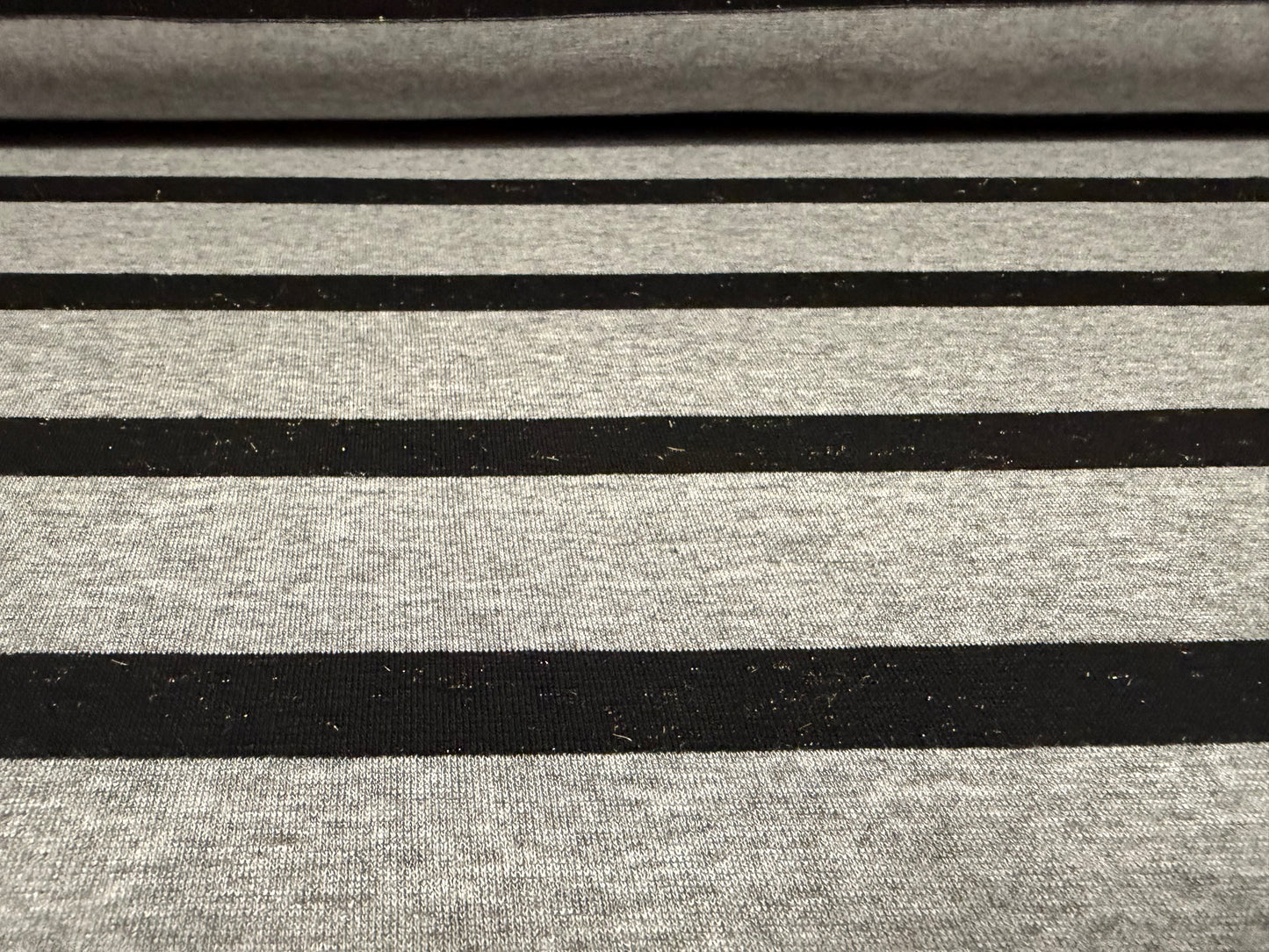 Metallic stretch viscose single jersey fabric, per metre - lurex stripe - grey marl & black with gold fleck