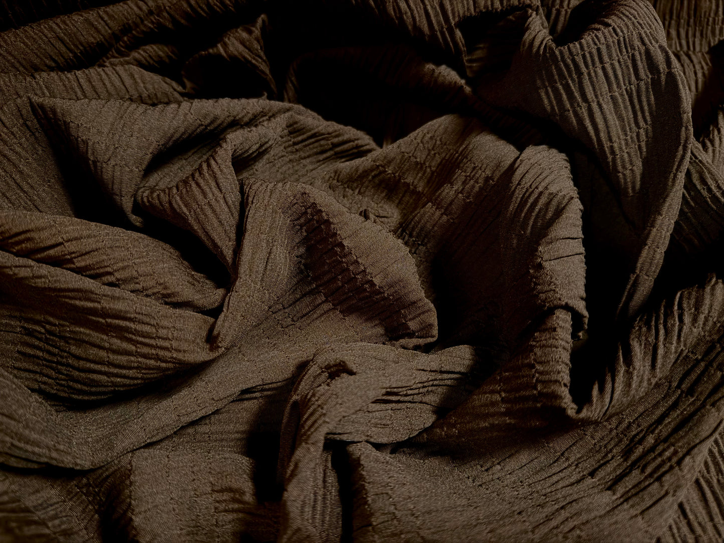 Ruched cotton bambula plain weave dress fabric, per metre - dark brown