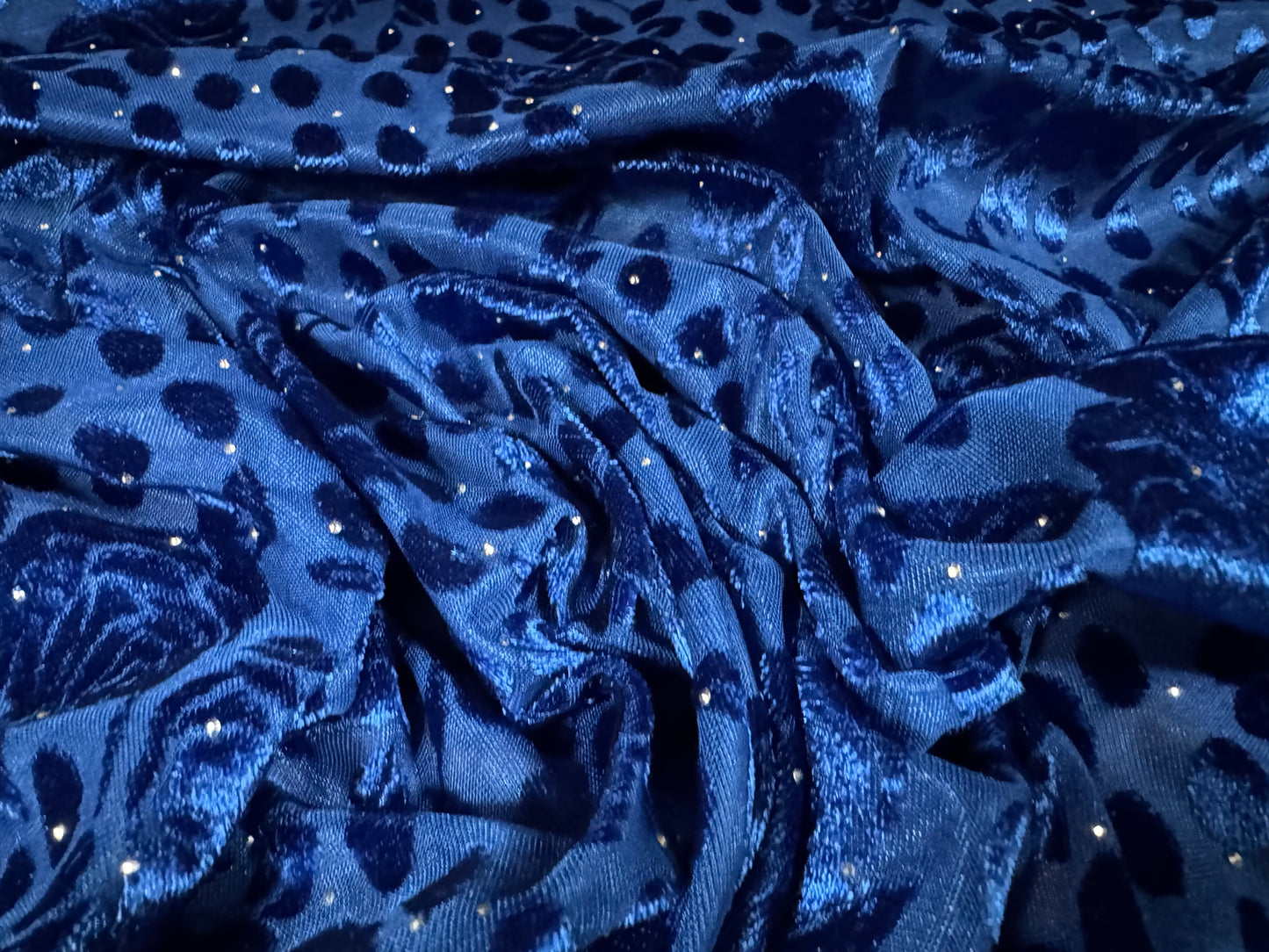 Devoré velour fabric with diamanté sparkle, per metre - floral - blue