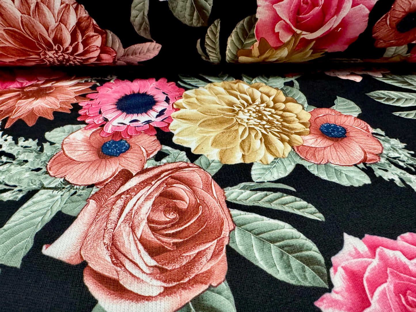 French Terry loopback sweatshirt jersey fabric, per metre - carnations floral print - black & pink