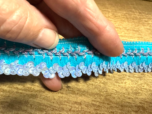 Stretch embroidered edging trim fabric with sequins, per metre - turquoise & lilac
