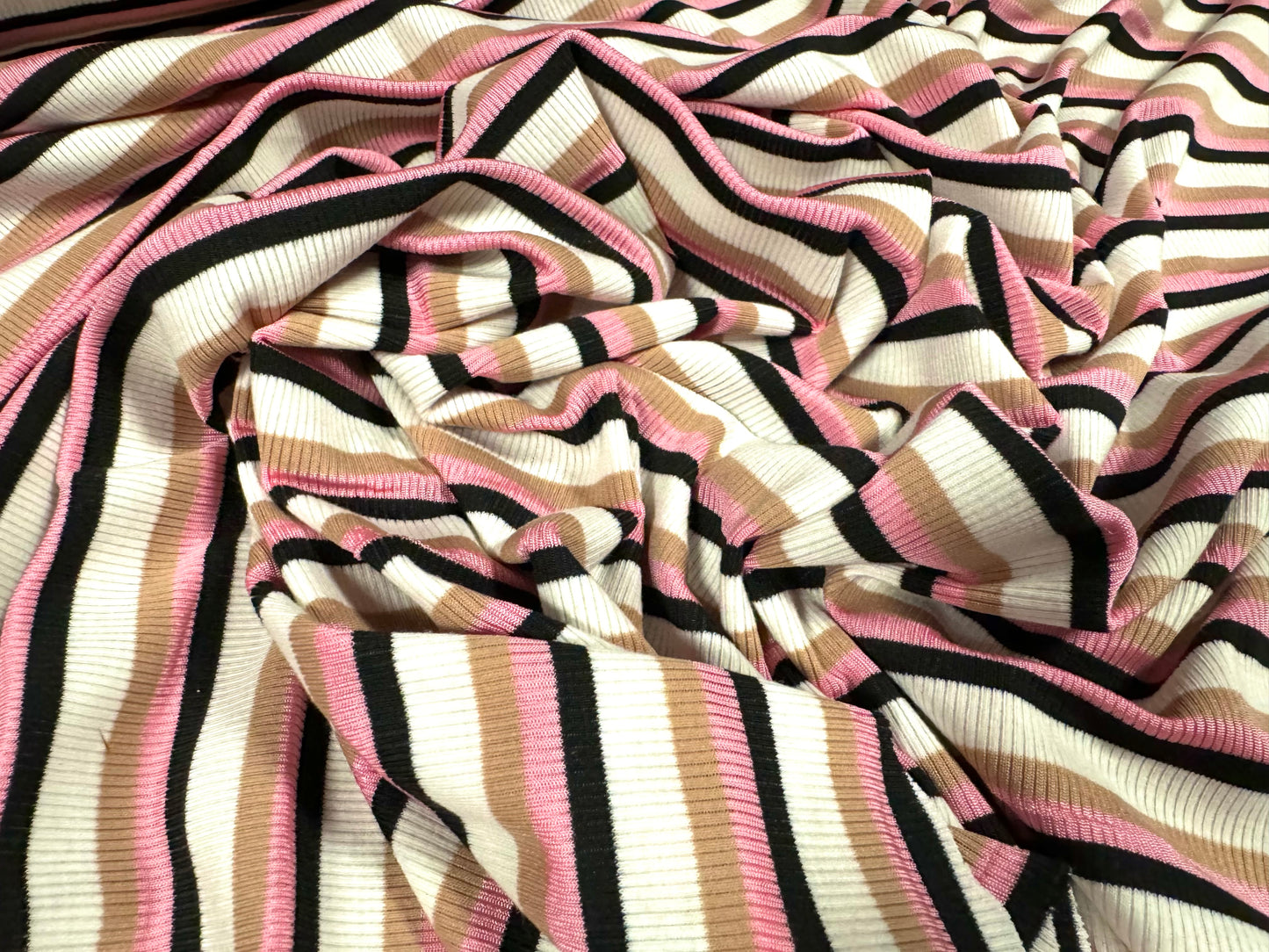 Stretch Spandex rib jersey fabric, per metre - stripe - ivory, camel & pink