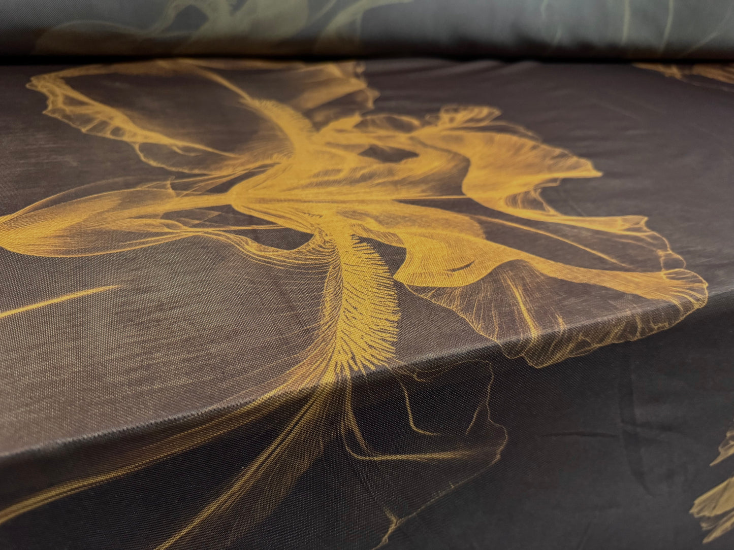 Power mesh net stretch spandex fabric, per metre - iris floral print - brown