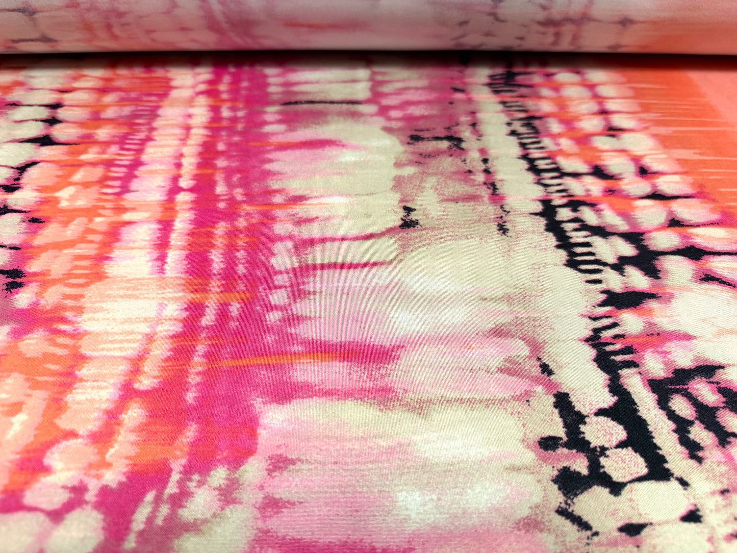 Soft touch stretch spandex jersey fabric, per metre - abstract print - coral & pink