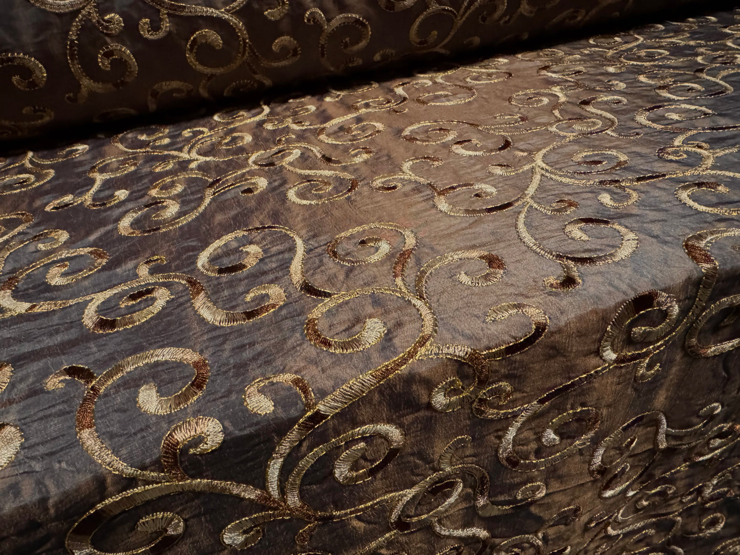 Taffeta faux silk fabric - metallic swirl embroidery - bronze & gold