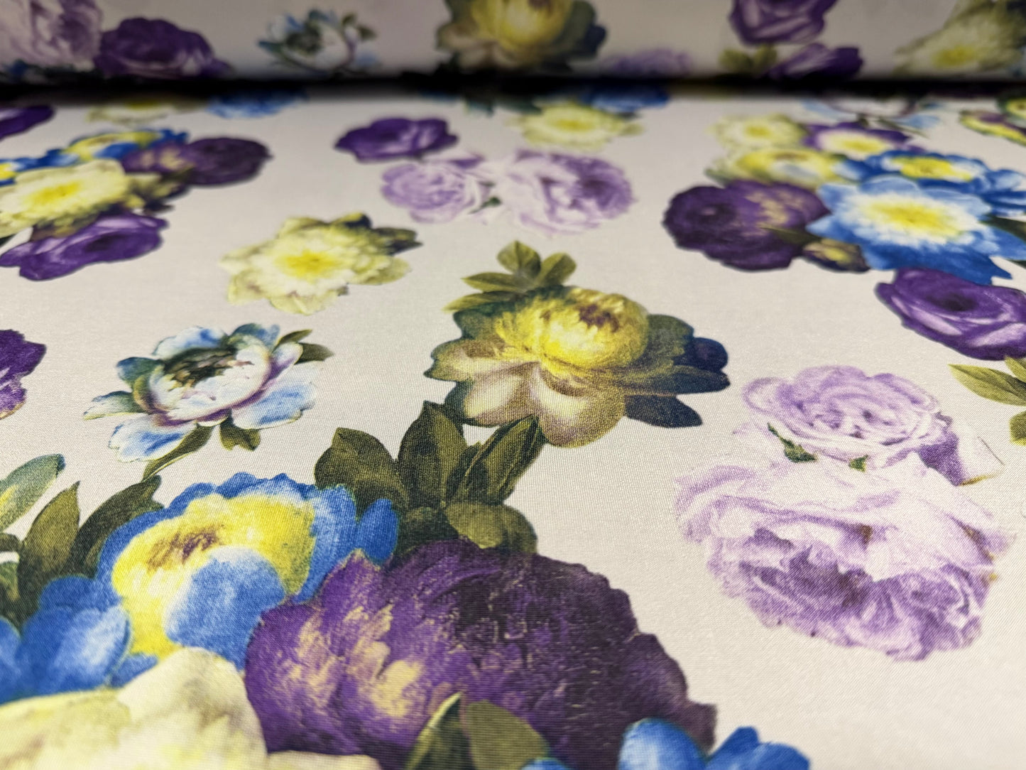 Soft touch stretch spandex single jersey fabric, per metre - rose print - purple & blue