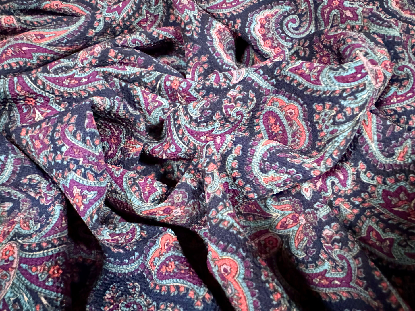 Bubble crepe stretch woven dress fabric, per metre - paisley print - navy blue & pink