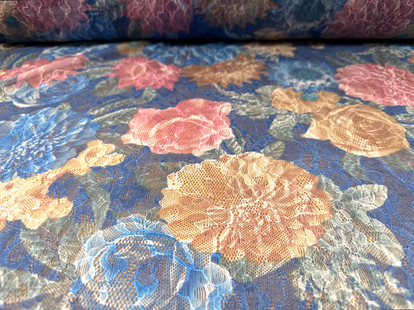 Stretch spandex lace fabric, per metre - carnation bouquet print - blue pink & beige