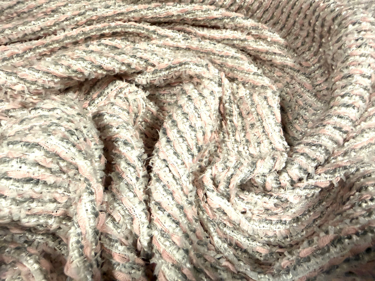 Wool bouclé fabric, per metre - stripe - pastel pink
