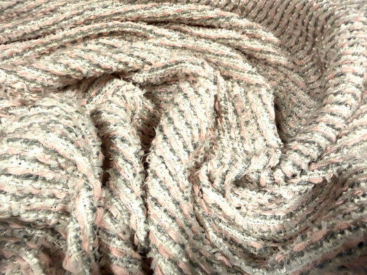 Wool bouclé fabric, per metre - stripe - pastel pink