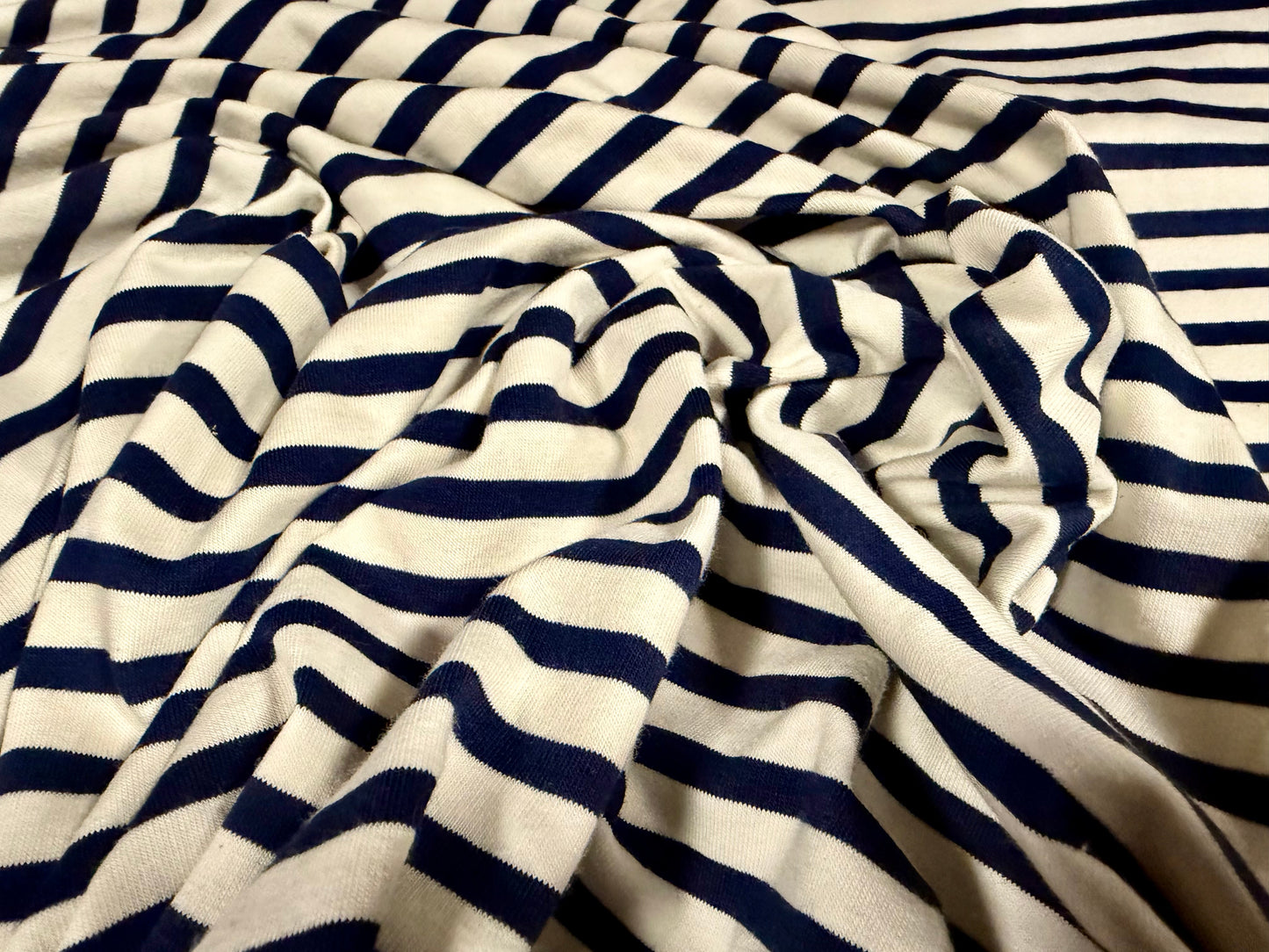 Viscose spandex stretch single jersey fabric, per metre - stripe - dark navy & cream