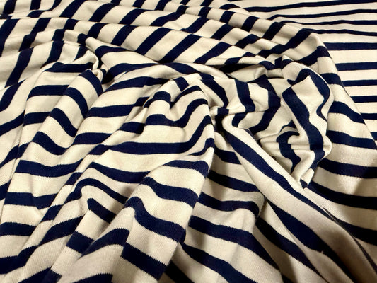 Viscose spandex stretch single jersey fabric, per metre - stripe - dark navy & cream