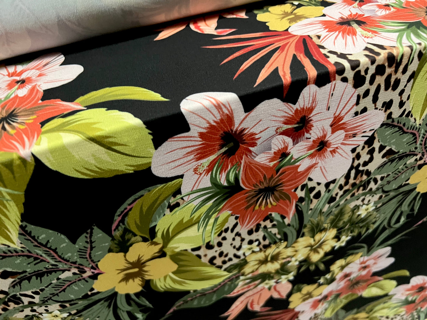 Soft touch stretch spandex single jersey fabric, per metre - exotic flower print - multicolour