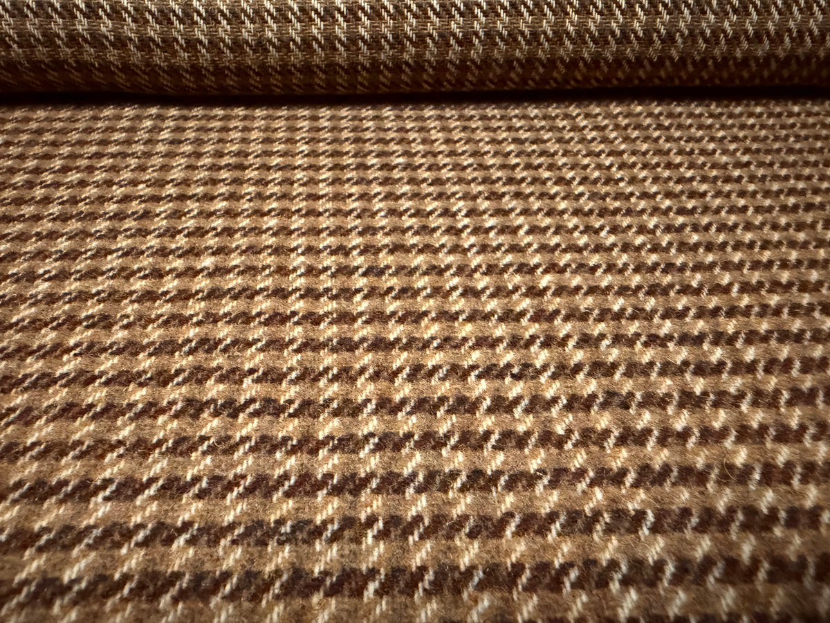 Wool flannel coat jacket fabric, per metre - dogtooth - brown