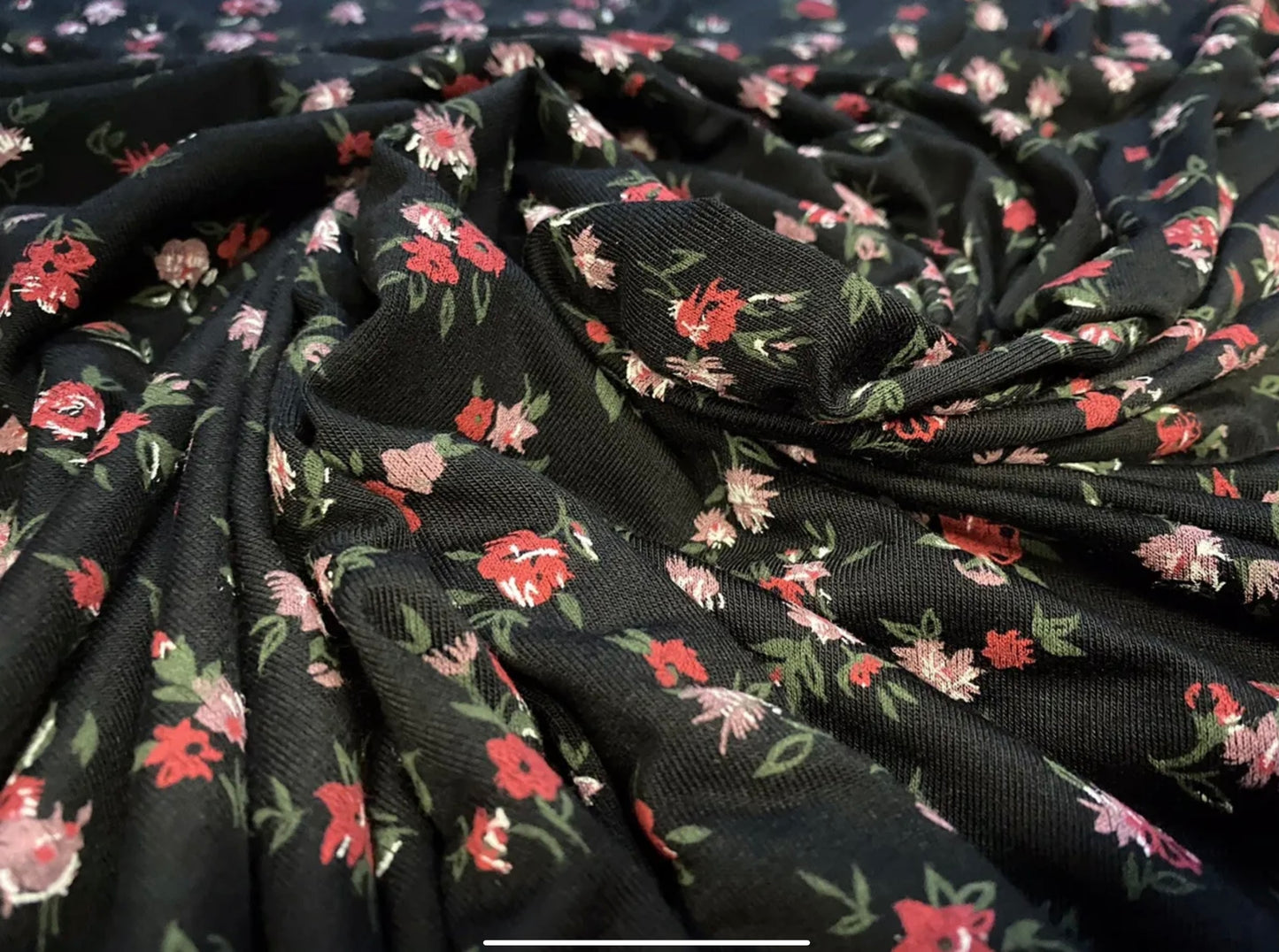 Viscose spandex stretch single jersey fabric, per metre - ditsy flower print - black lavender & red