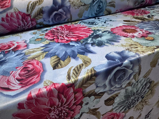 Single jersey fashion fabric, per metre - roses & carnations print - blue