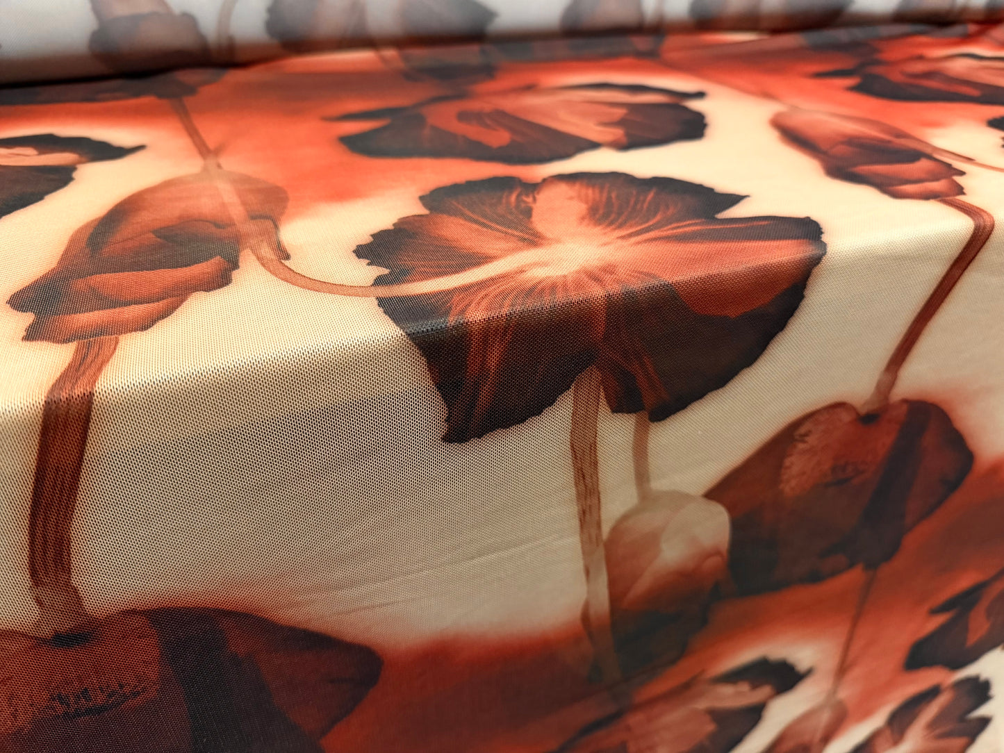 Power mesh net stretch spandex fabric, per metre - stylised poppy print - brown rust & beige