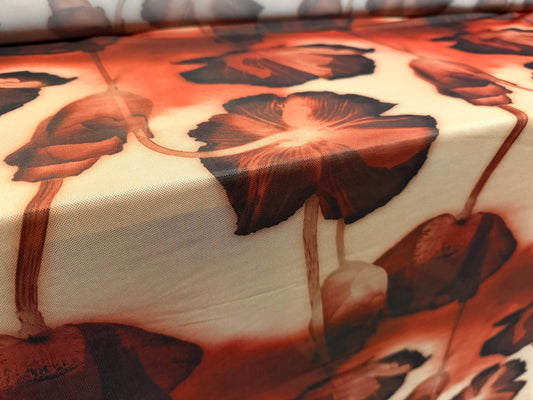 Power mesh net stretch spandex fabric, per metre - stylised poppy print - brown rust & beige