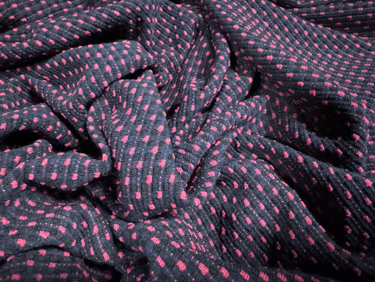 Stretch double jersey fabric, per metre - dobby spot jacquard - navy blue & fuchsia