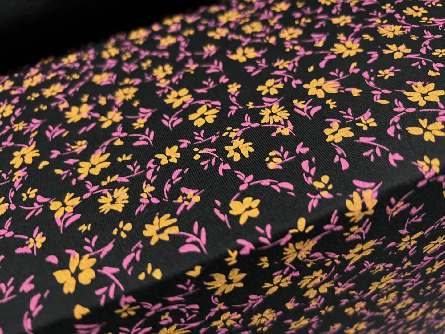 Viscose spandex stretch single jersey fabric, per metre - ditsy flower print - black magenta & saffron