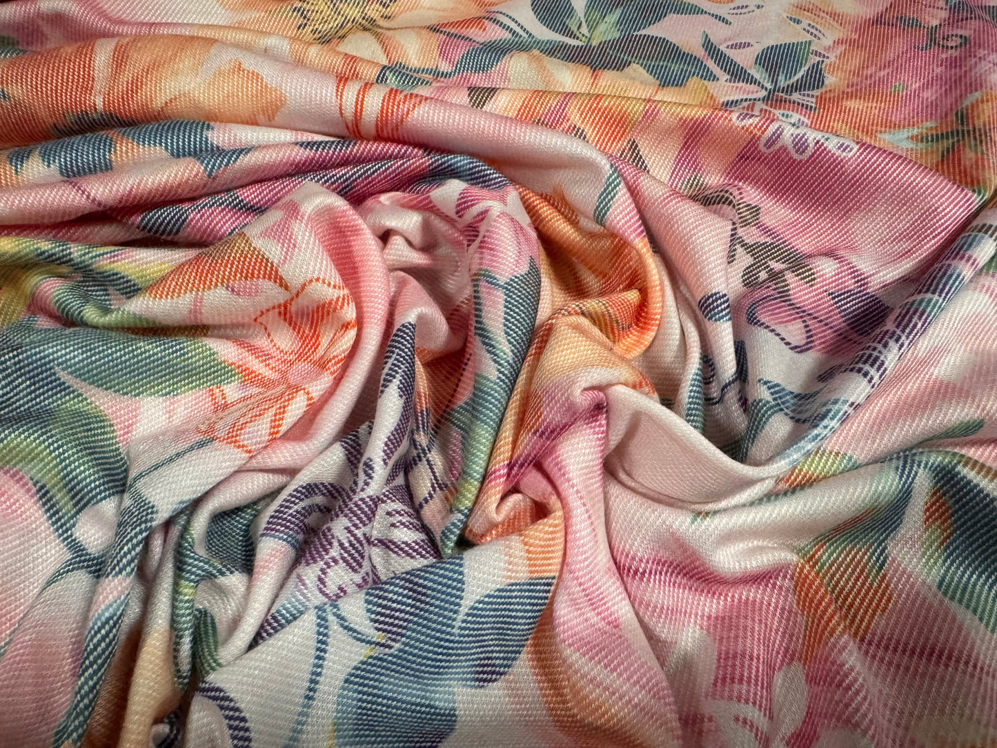 Soft stretch jersey twill fabric, per metre - stylised flower print - pink & peach