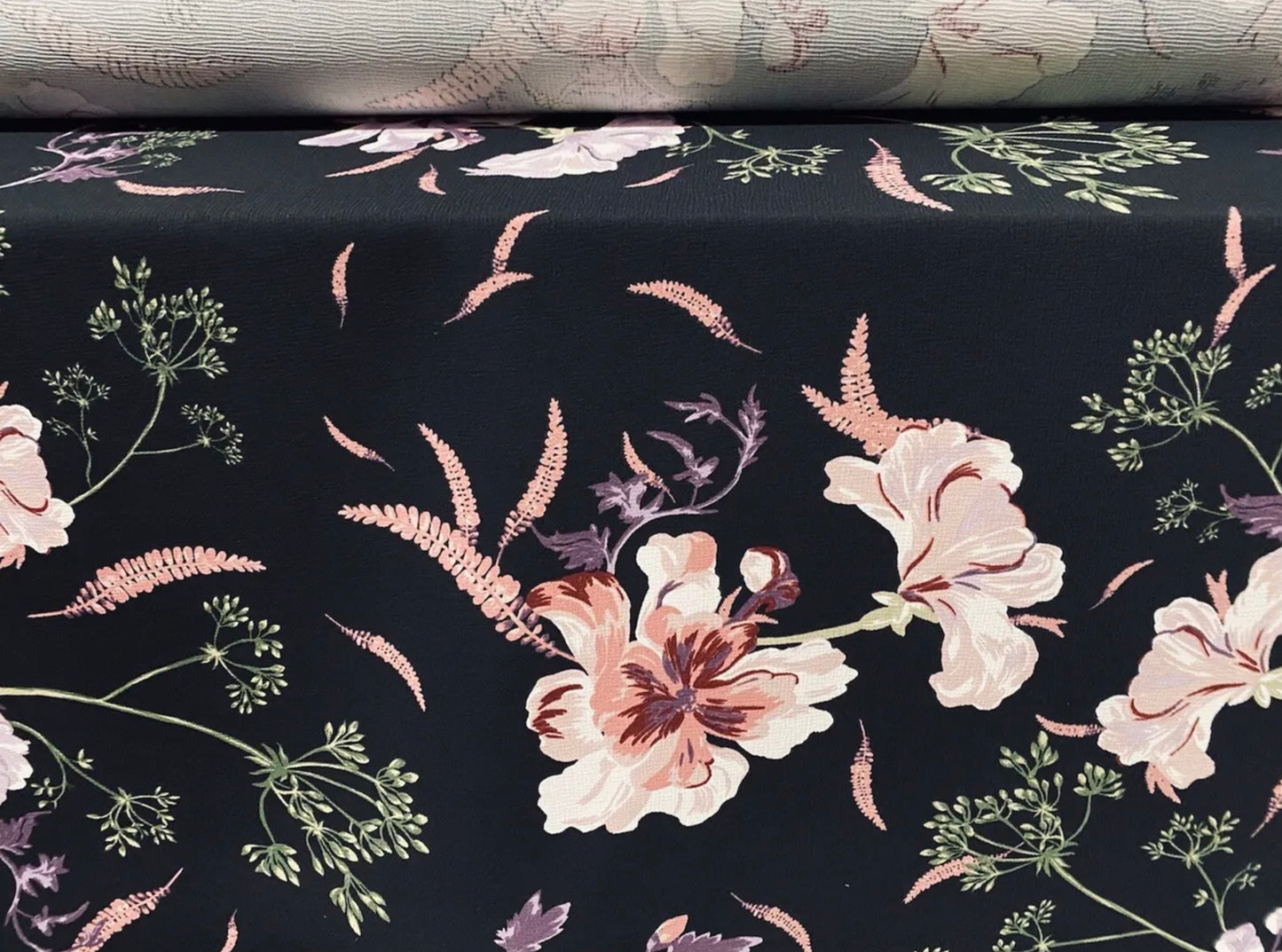 Stretch crepe woven dress fabric, per metre - floral print - black & pink