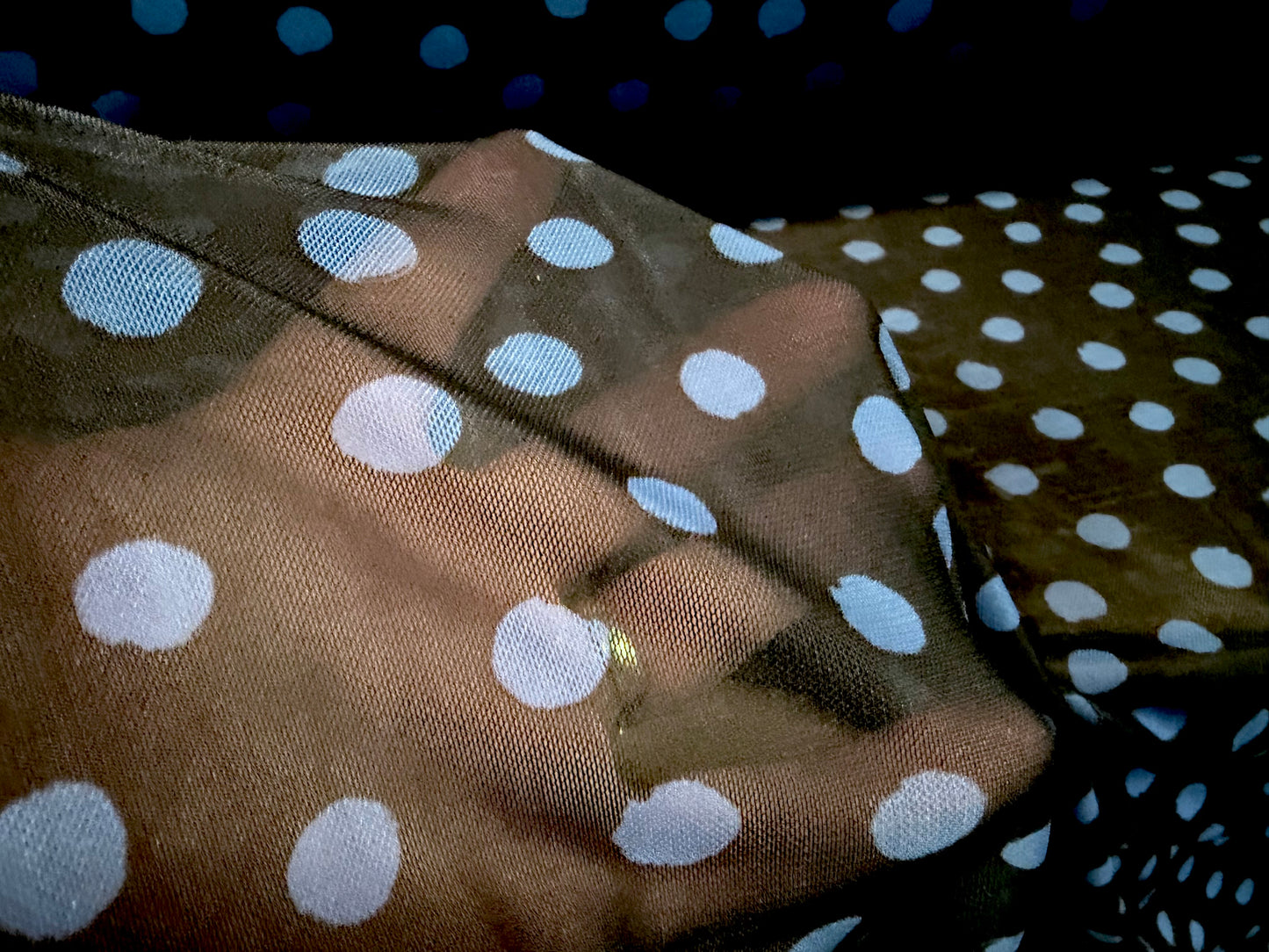 Power mesh net stretch spandex fabric, per metre - stylised polka dot print - black & blue