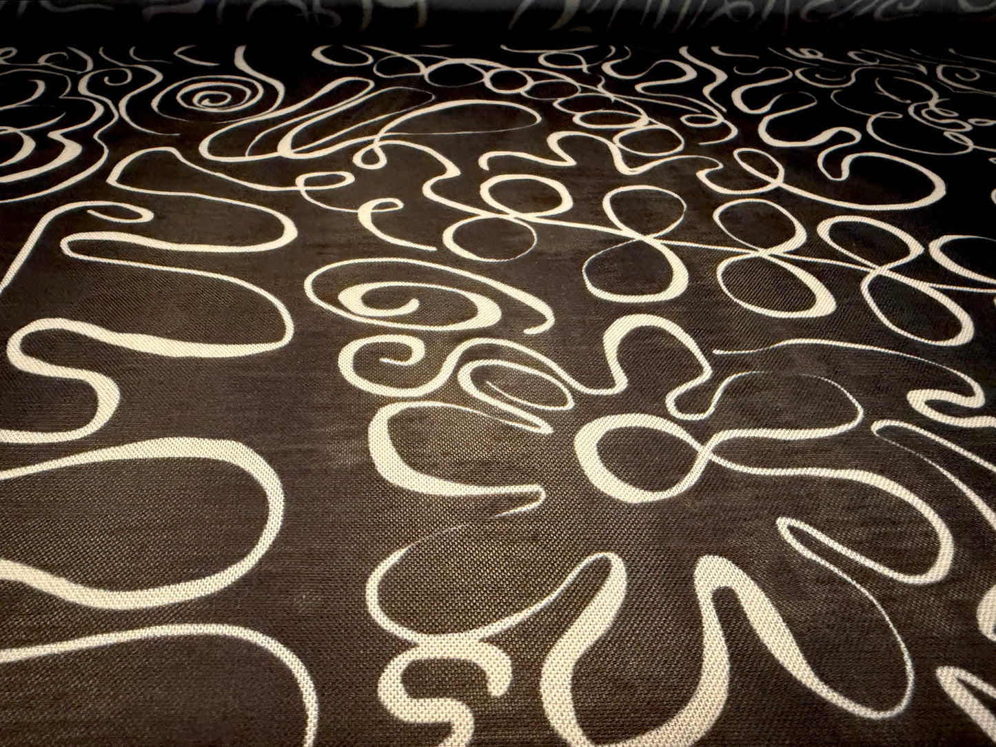 Power mesh net stretch spandex fabric, per metre - doodle print - black & stone