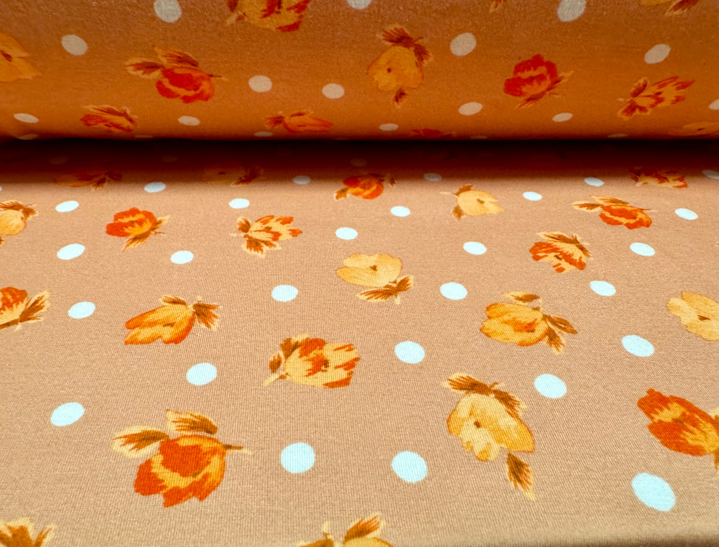 Stretch spandex interlock jersey fabric, per metre - rosebuds & polka dots print - dirty peach
